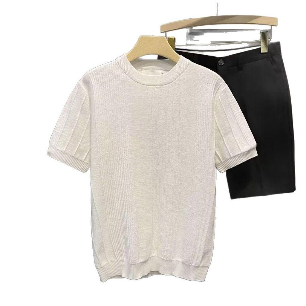Męski letni T-shirt z dzianiny z krótkim rękawem, dopasowany krój slim fit, okrągły dekolt z lodowego jedwabiu