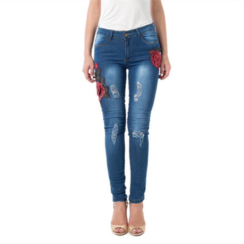 European & American Summer Embroidered Ripped Skinny Stretch Jeans Small темно-синий