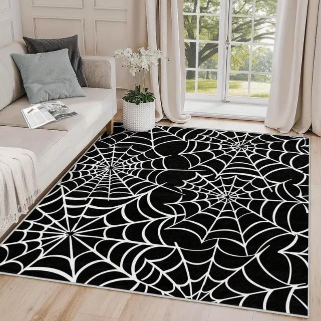 Gothic Skull Floral Pattern Area Mat Non-Slip Rectangle Floor Mat for Indoor Outdoor Garden Patio Handmade Polyester Decorative