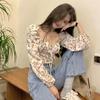 French Floral Square Collar Shirt Female Elegant Design Sense Niche Bubble Sleeve Slim Tops Vintage Pleated Spring Collarbone Blouse
