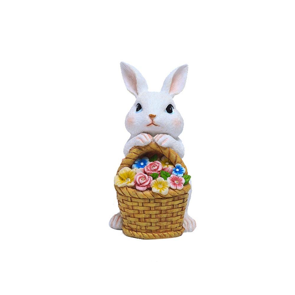 Solar Resin Rabbit Statue With Light Flower Basket Outdoor Garden Yard Decor Lamp