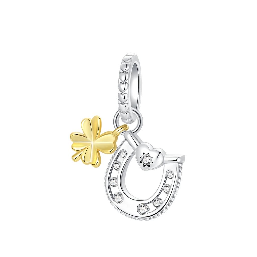 Lucky 925 Silver Charms Green Four Leaf Clover Horseshoe Bead Earrings Pendant Exquisite Bracelets Necklaces DIY Jewelry