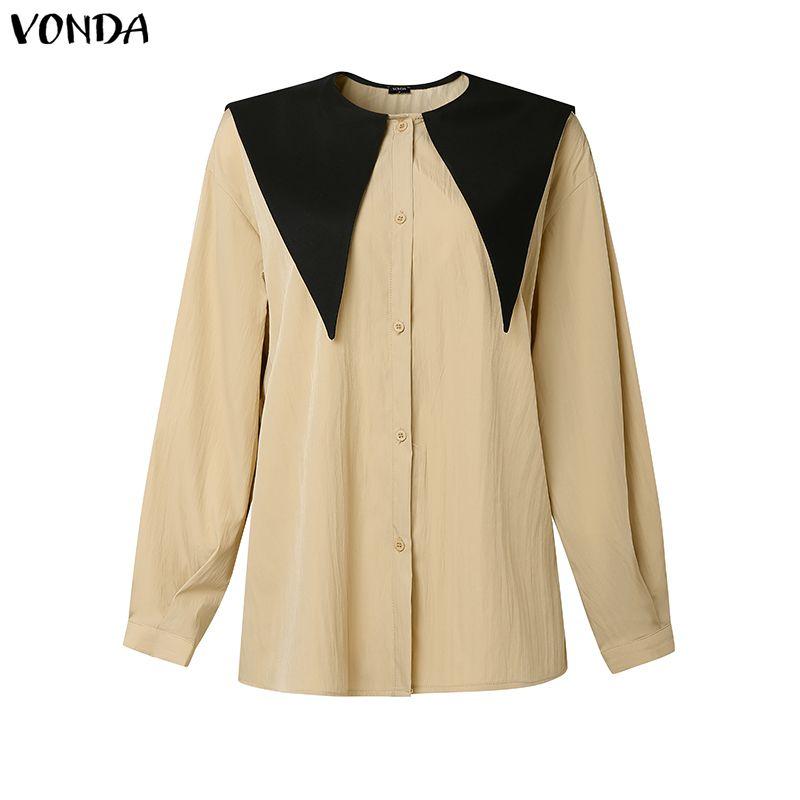 

VONDA Women Big Turn Down Collar Long Sleeve Loose Patchwork Shirts Blouse 5XL хакі