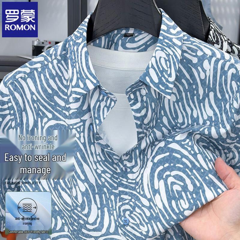 ROMON Men s Chinese Style Print Short Sleeve Shirt M