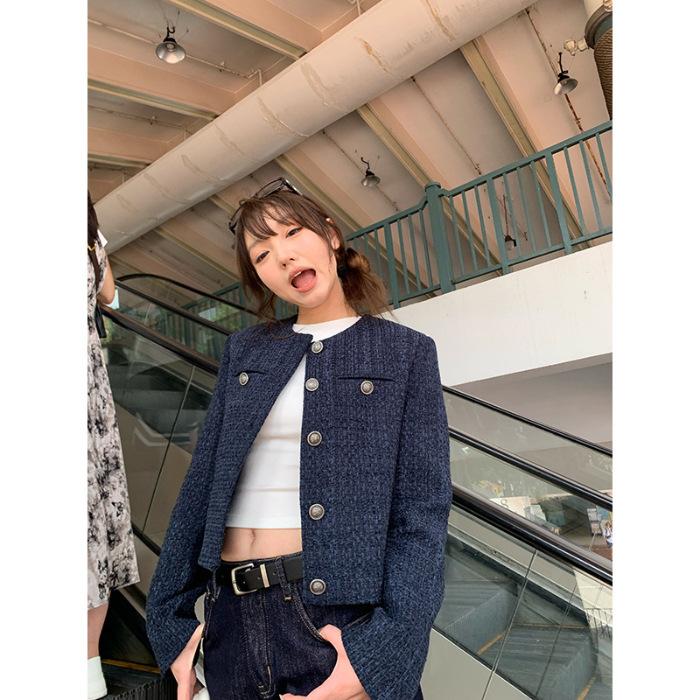 

navy blue retro loose long-sleeved top casual temperament trendy short small fragrant wind cardigan jacket women S