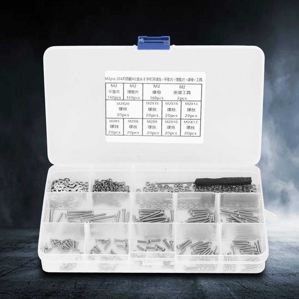 662PCS M2 Screw Set 304 Stainless Steel Pan Head Cross Machine Screw+Flat Elastic Washer+Nut