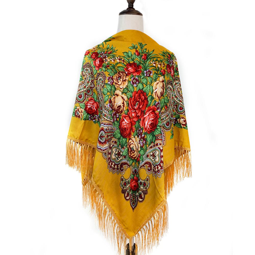 135*135Cm Russian Style Square Scarf For Women Luxury Floral Print Bandana Head Scarves Lades Fringed Shawl Headwraps Foulard