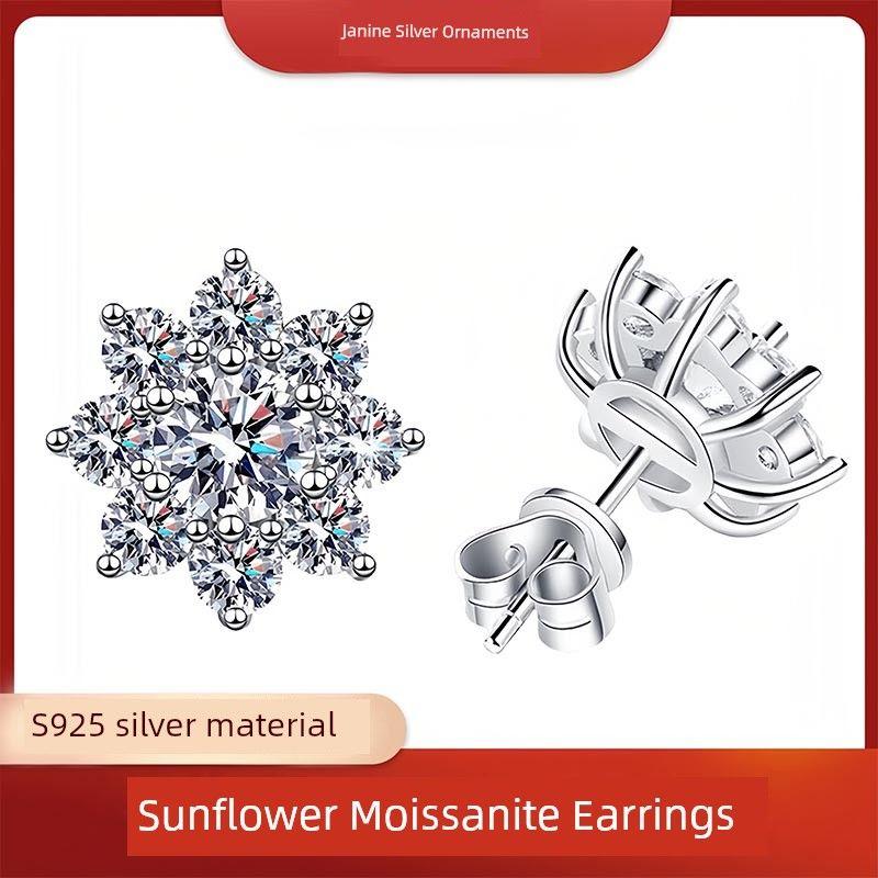 

S925 Sterling Silver Moissanite Earrings Female Accessible Luxury Fancy Dignified Sense of Design SUNFLOWER Earrings Anti-Allergy Gift Sunflower Mosan Drill Earrings