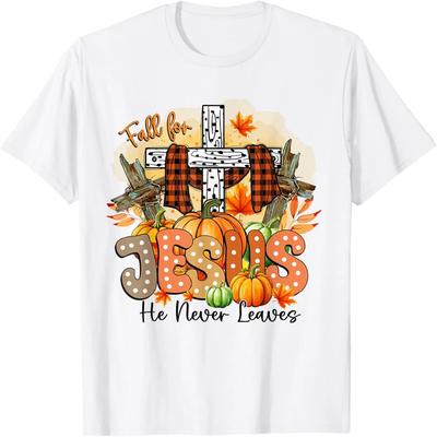 Fall For Jesus He Never Leaves Autumn Christian Thanksgiving T-Shirt