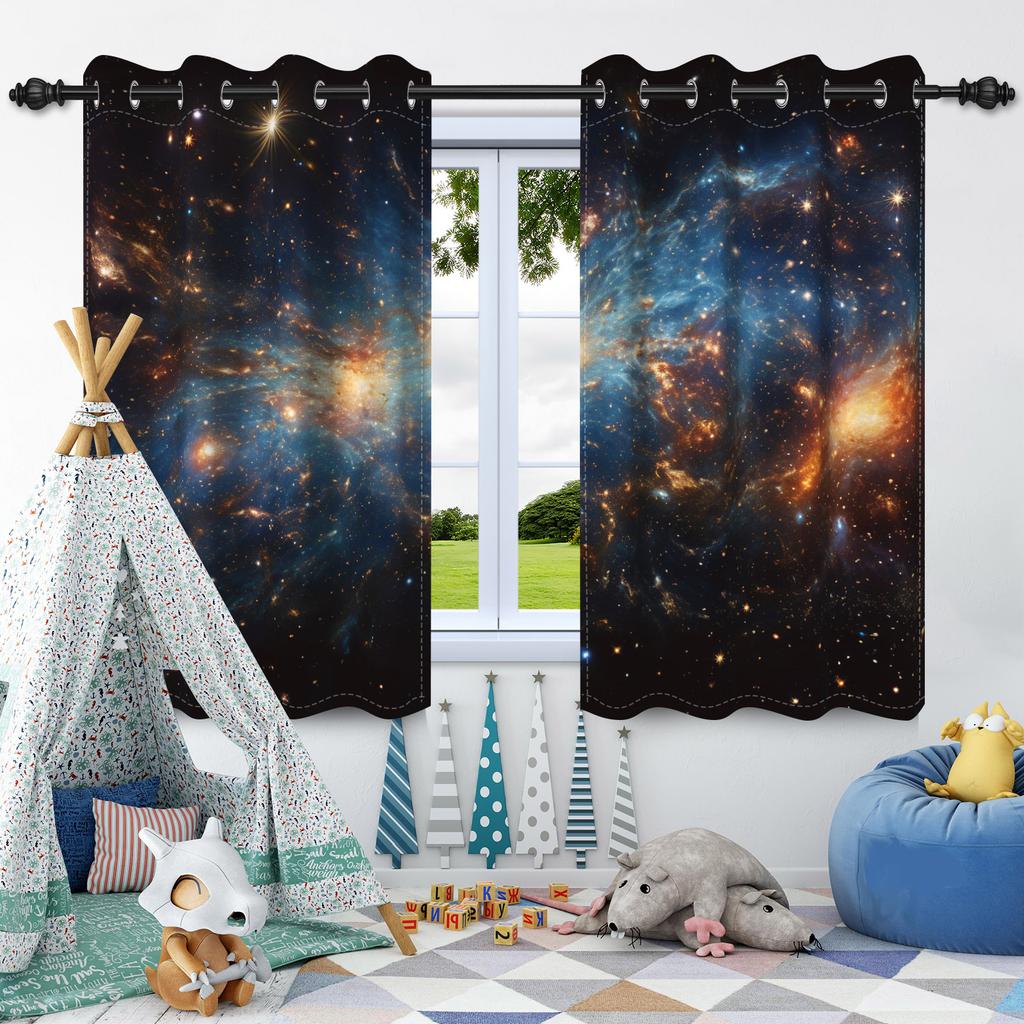 Night Starry Sky Moon Stars Milky Way Blackout Curtains Children'S Bedroom Heat Insulation Noise Reduction Window Drapes 2Pcs