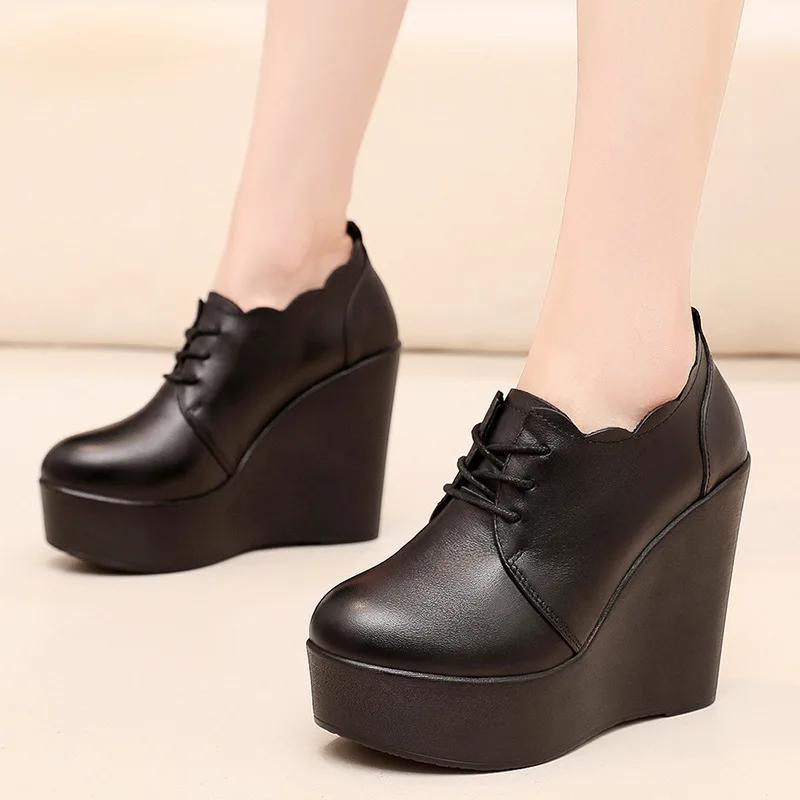 Small Size 33-43 Deep Mouth Genuine Leather Shoes Thick Bottom Platform Pumps 2025 Winter High Heels Wedges Shoes Office Model