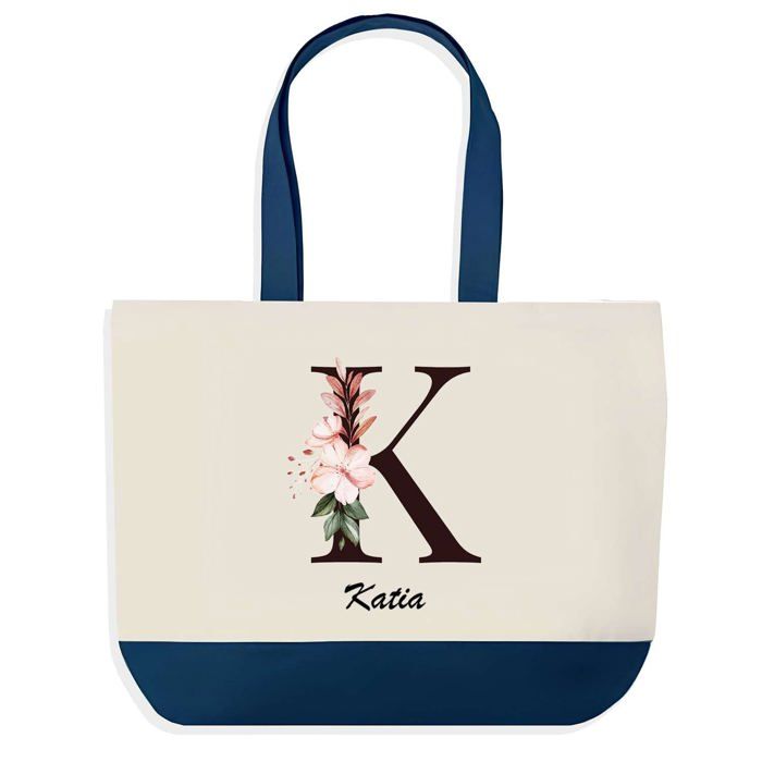 Tote bag - PLANETEE - Katia - fond bleu - motif Lettre Fleur - coton 40 x 45 cm