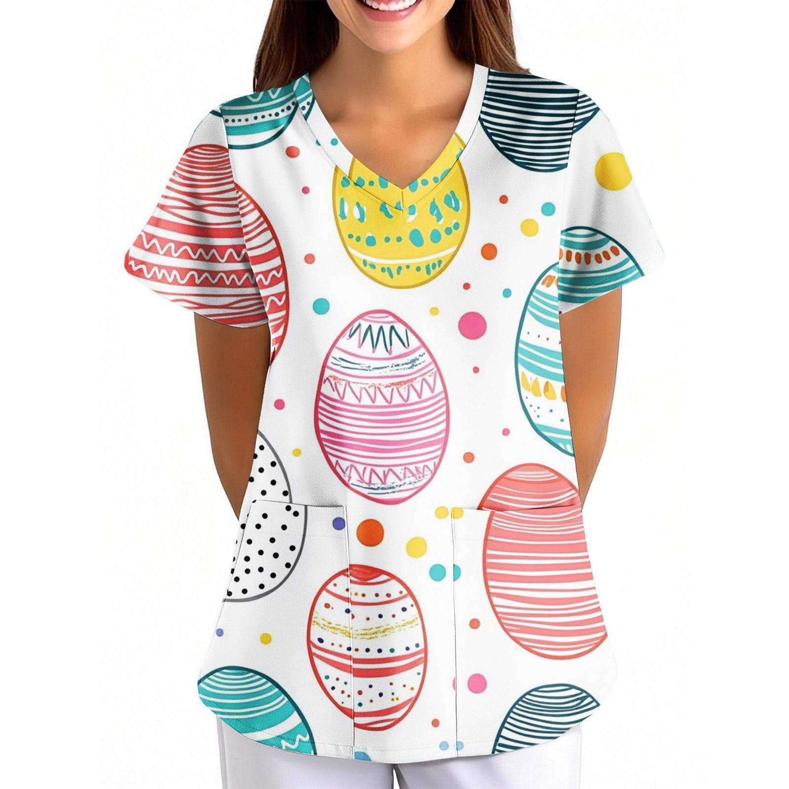 

Women s Easter Print Loose V-Neck Pocket Short-Sleeve Caregiver/ Uniform XXXL