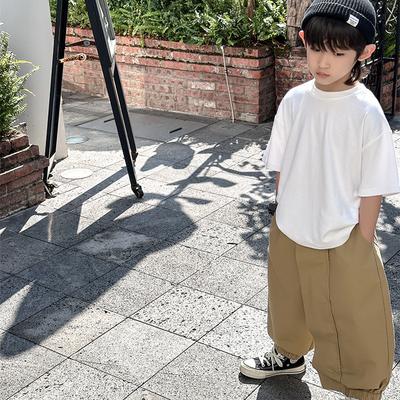Boys Spring and Summer Round Neck Handsome T-shirt Middle and Big Children Solid Color Short-sleeved Casual Sports Tops