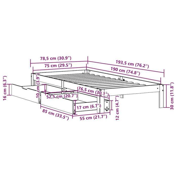 VidaXL Bed Frame with Drawers White 75x190 Cm Solid Pine Wood, Slatted Base, Single Bed Frame, Wooden Bed Frame 3301933