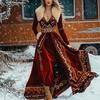 Damen V-Ausschnitt Langarm Pelzkragen Bedrucktes Samt Maxikleid Hohe Taille Winter Westlicher Stil Langes Kleid