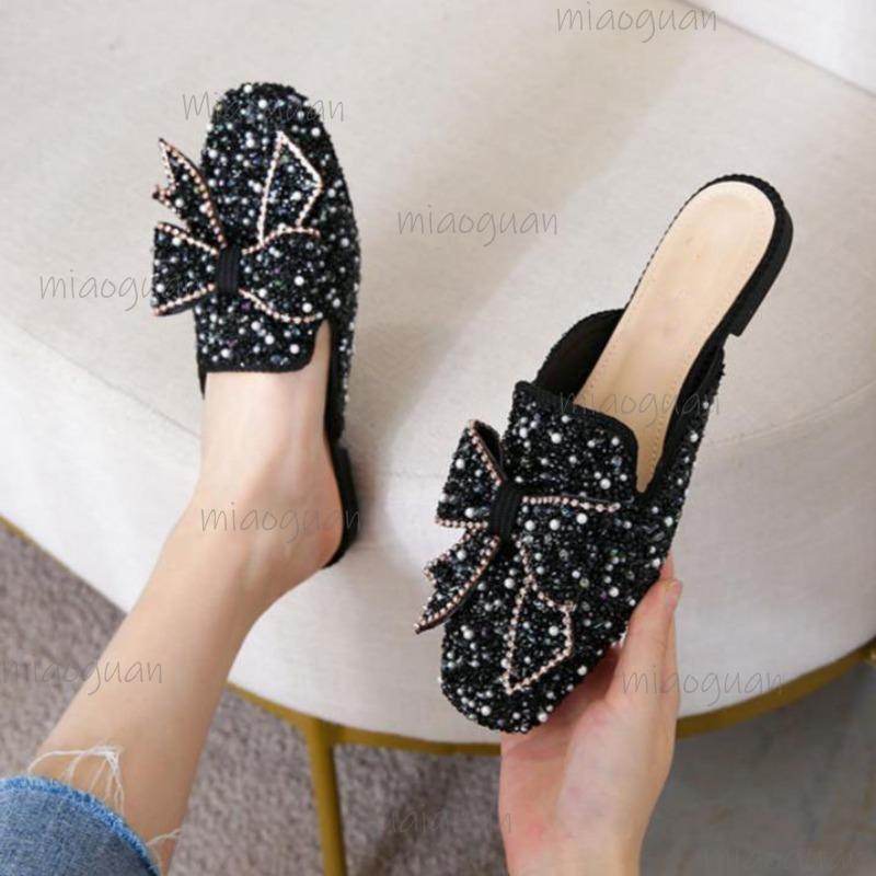 Size 34-43 Rhinestone Beaded Women's Mules Cover Toe Trendy Slides Slip-on Woman Shoes  De Mujer Spring Summer Footwear