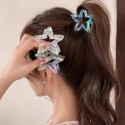 Colorful Hollowed-out Star Shark Clip Sweet Semi-tied Hair Clip  Cute Five-pointed Star-shaped Ponytail Clip  Fashionable Hair Clip