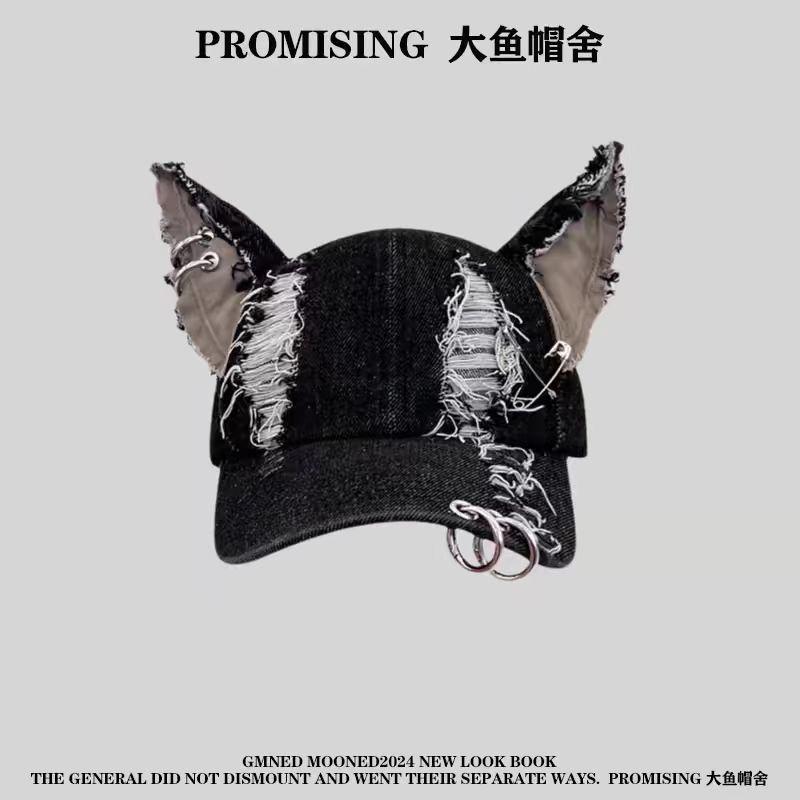 Designer y2k Wasteland-style personalized denim baseball cap with iron rings and holes, women's street-style cap with 3D ears