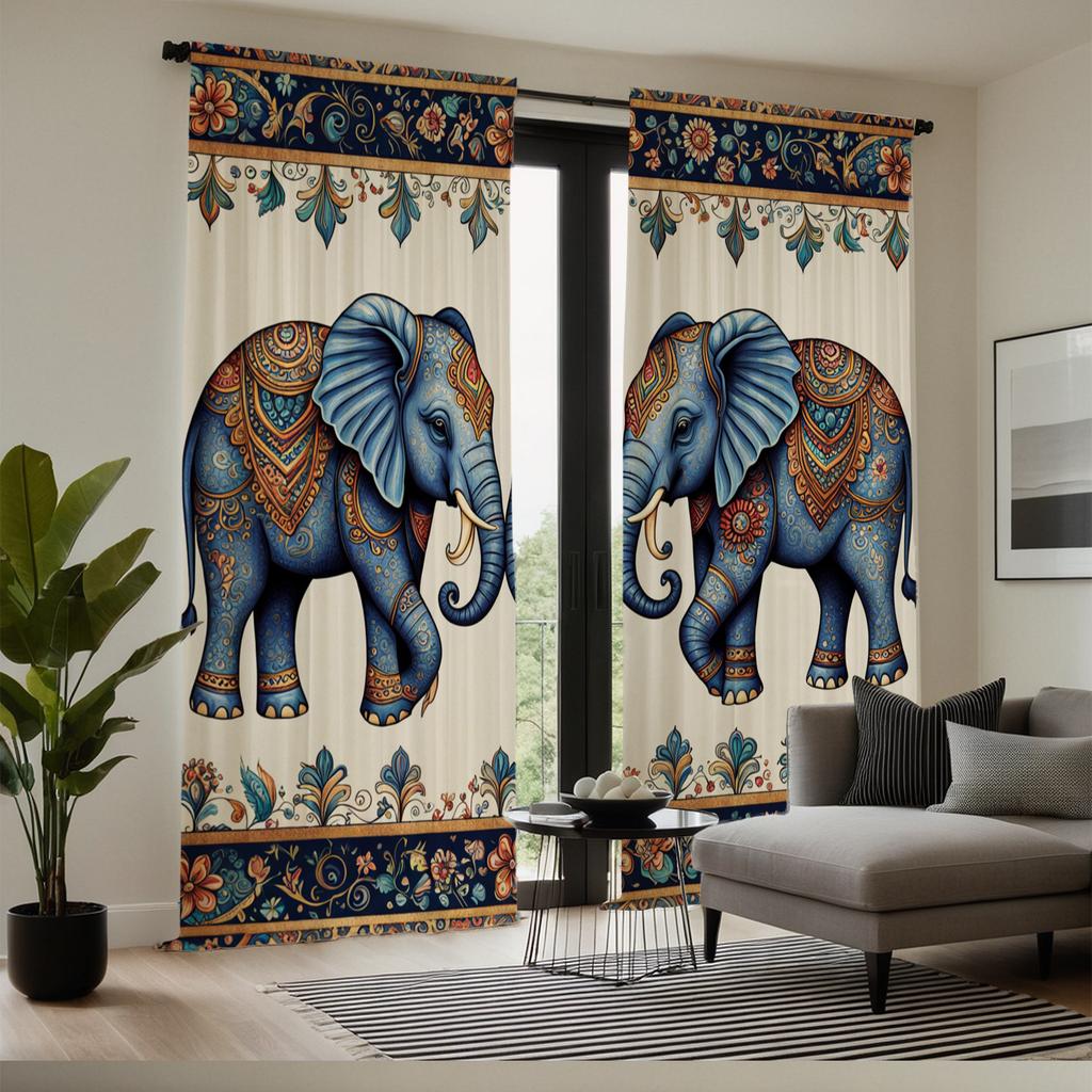 Majestic Elephant Curtains Blue Floral Paisley Print Polyester Living Room Bedroom Decor Light Blocking Set Of 2 Made With Rod Pocket