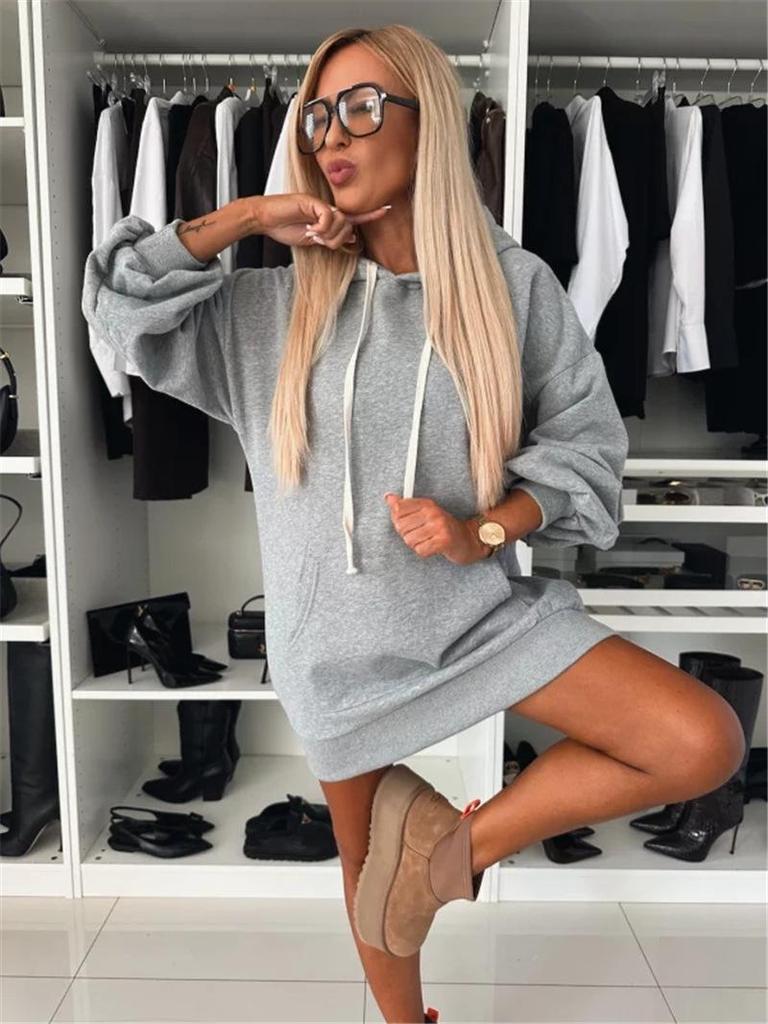 2024 Autumn/Winter Women's Long Sleeve Solid Color Hooded Loose Sweatshirt