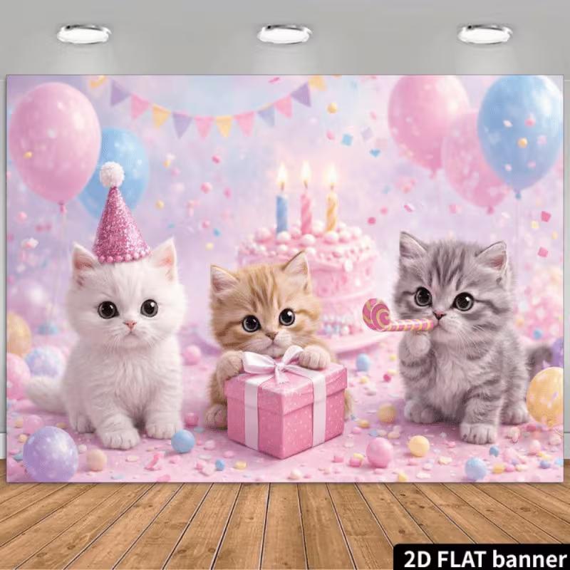 

2D Cat Birthday Background Banner, Cute Kitten & Balloon Design Backdrop for Baby Shower Photoshoot 47.2x31.5inch/120*80cm