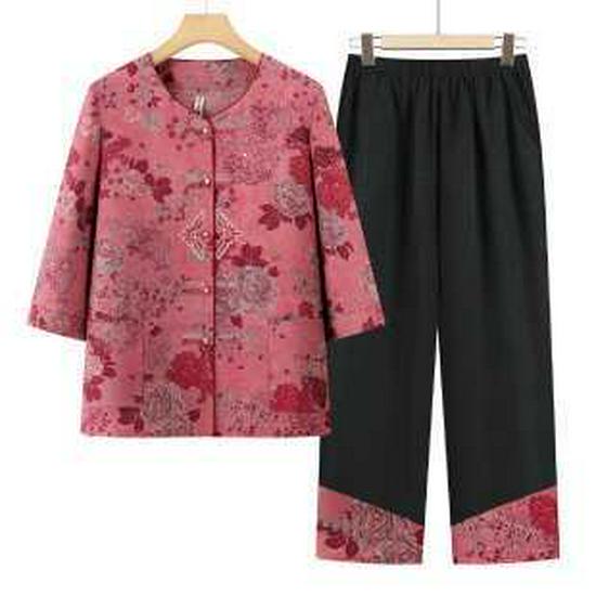 Grandma s Summer Two-Piece Set: Lightweight, Mid-Sleeve Outfit for Middle-Aged and Elderly Women XL