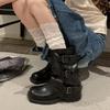 Thick-soled Belt Buckle Pleated Medium Boots Women's 2025 Autumn and Summer New Western Cowboy Short Boots Martin Boots Pant Tube Boots