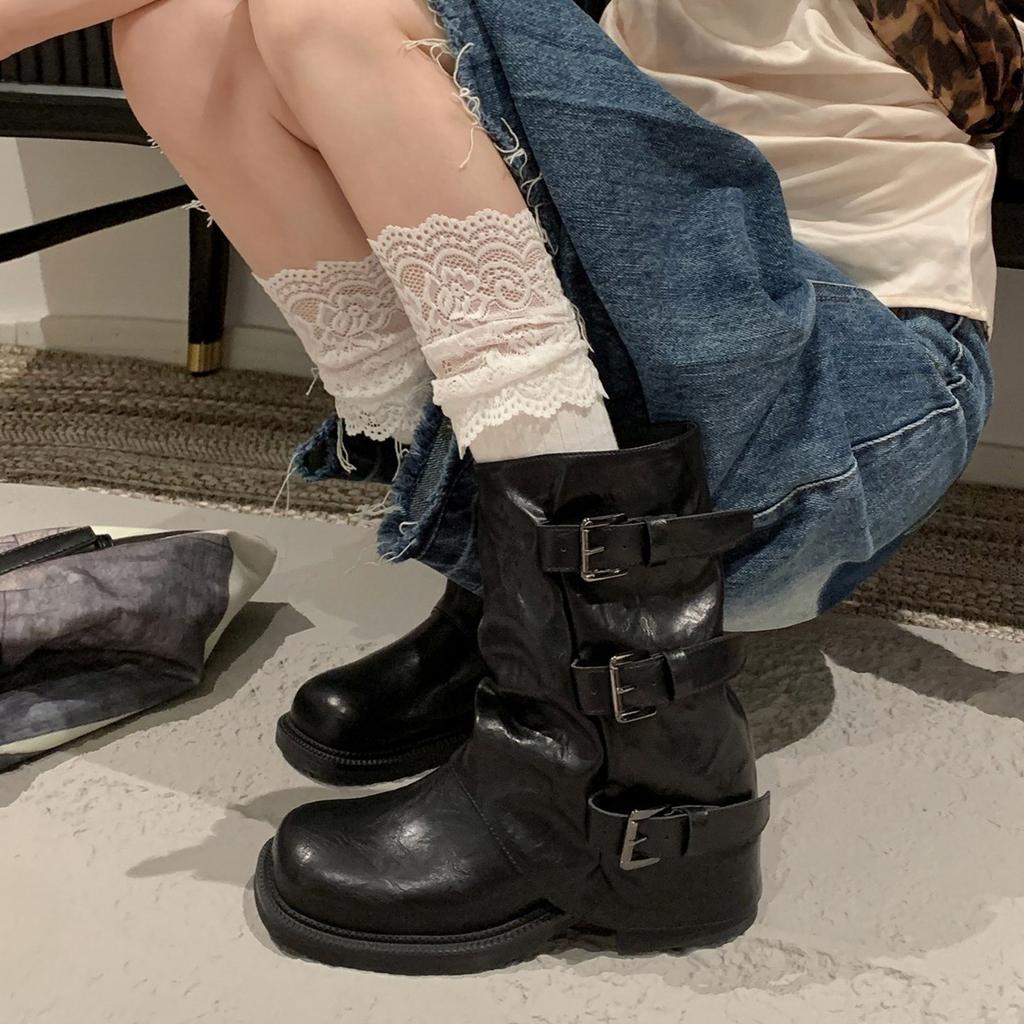 Thick-soled Belt Buckle Pleated Medium Boots Women's 2025 Autumn and Summer New Western Cowboy Short Boots Martin Boots Pant Tube Boots