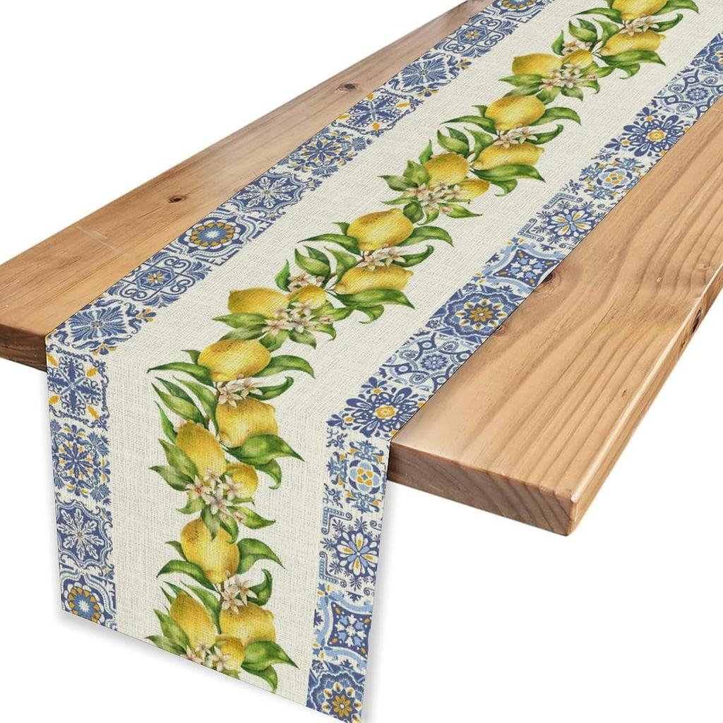 Summer Lemon Blue Tiles Linen Table Runner Party Decor Watercolor Floral Fruit Leaves Kitchen Dining Table Runners Home Decor