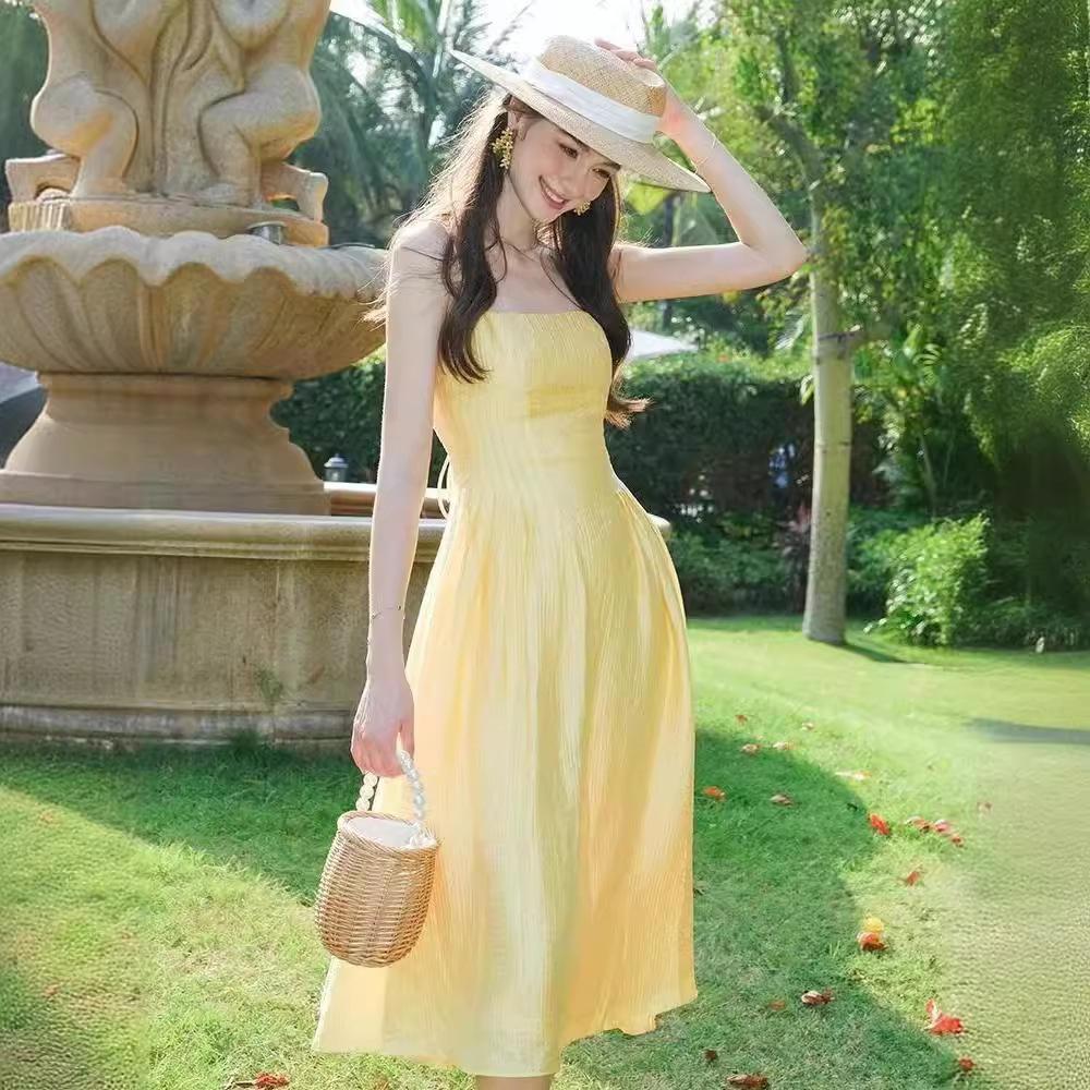 French Backless Sexy Yellow Suspender Dress Summer New Waist Strip Waist Slim Skirt