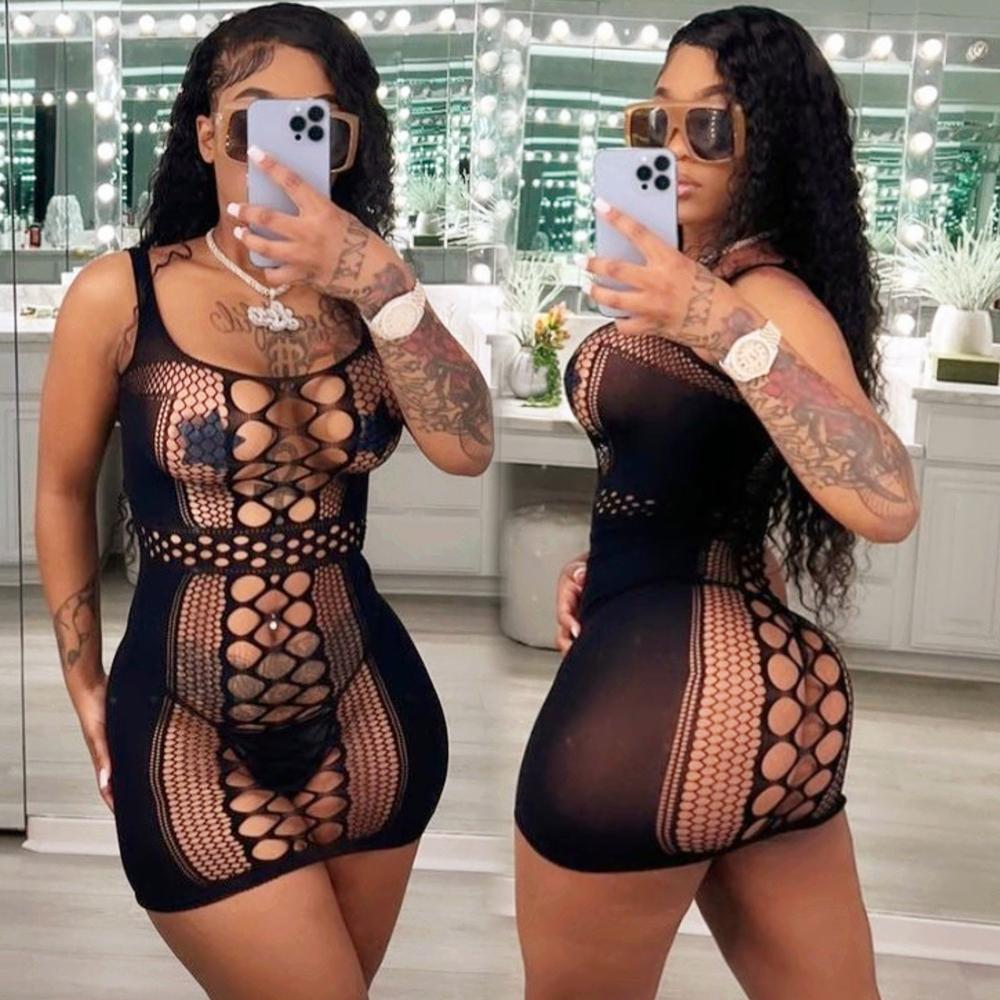 Erotic Fishnet Lingerie Dress Women Sexy Backless Hollow Teddy Baby Doll Dress Cosplay Costumes Black Halter Porno Underwear