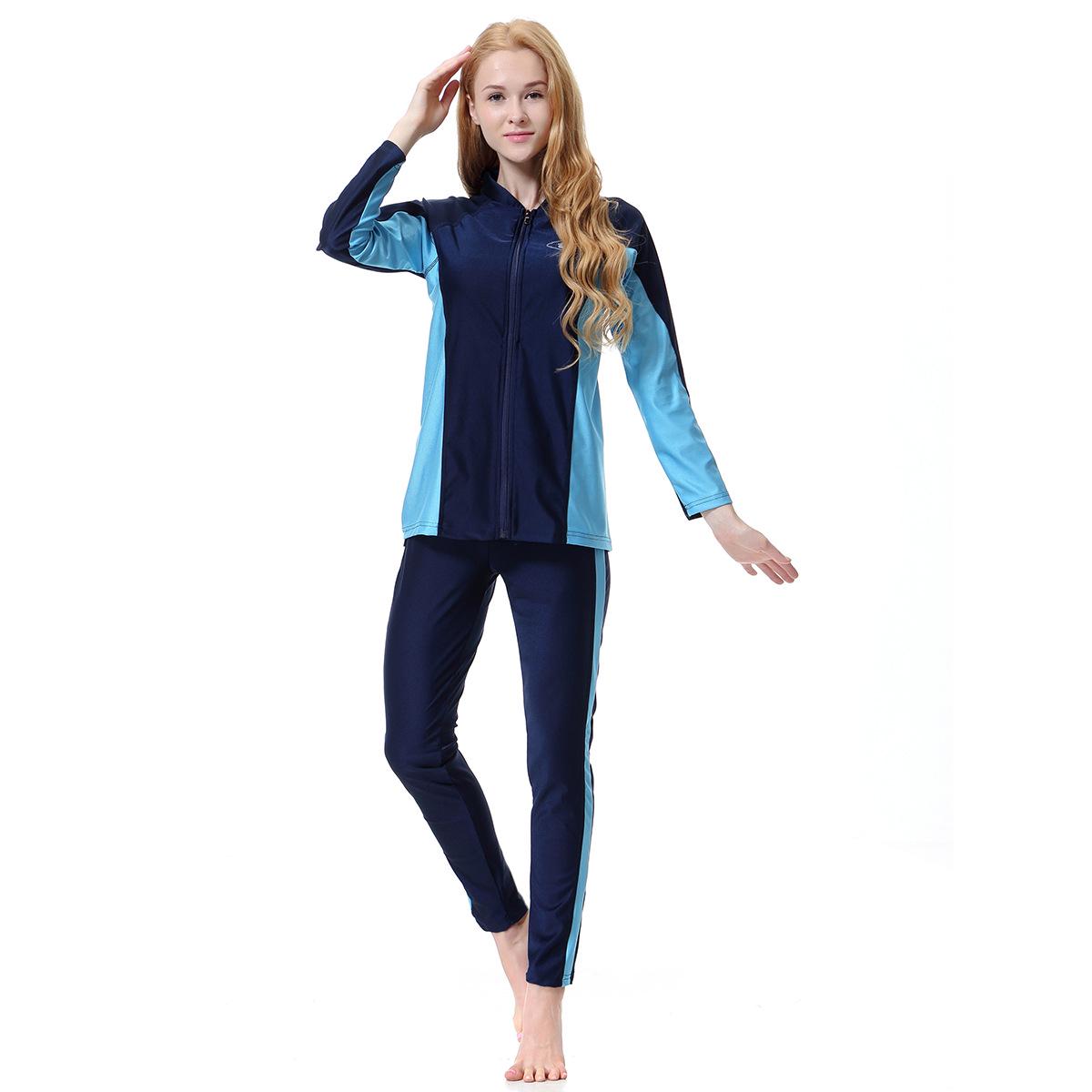 

Женский консервативный купальный костюм с защитой от солнца: Длинный рукав, брюки и молния, идеально для путешествий к морю и горячих источников. XL синий