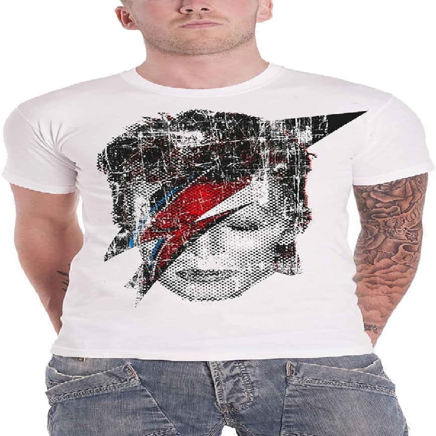 David Bowie T Shirt Halftone Flash Face New Official Mens Distressed White S