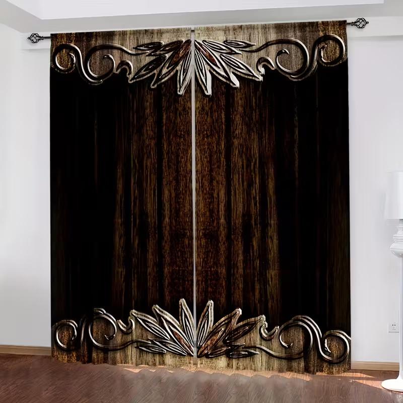 

2 Pcs Retro wooden board print curtains suitable for bedroom living room kitchen decoration home decoration window decoration 100*130 HOOK 1pcs