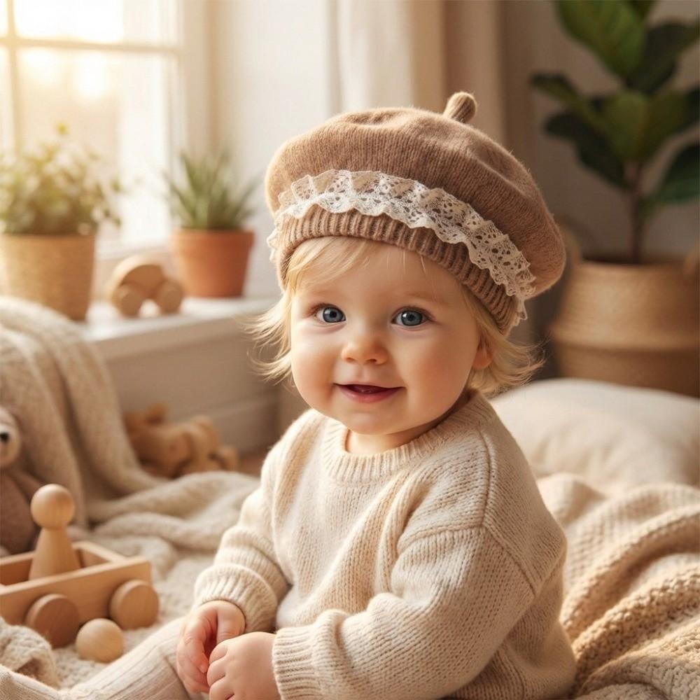 Soft Cotton Baby Beret Hat Lace Ruffled Pullover Hat Fashion Knitted Hat For Toddlers