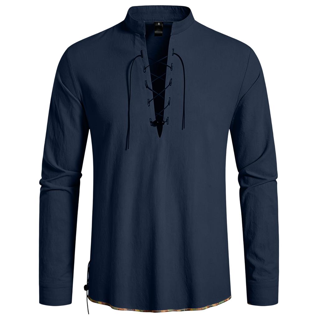 Men's Casual Hippie Style Drawstring Collar Long Sleeve Shirt Cotton Linen Blend Lightweight Comfortable Top for Everyday Wear