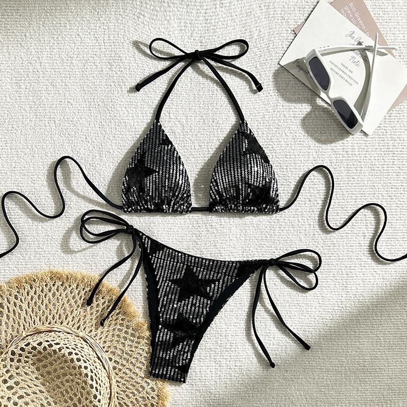 Halter Shiny Star Sequins Bikini Women Swimsuit Female Swimwear Two Pieces Bikini Set Bathing Suit Swim Beachwear
