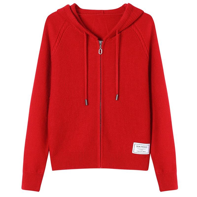 New Hooded Zipper Casual Style Knitted Cardigan Women's Short Spring and Autumn Outerwear Hoodie Sweater Solid Color Coat