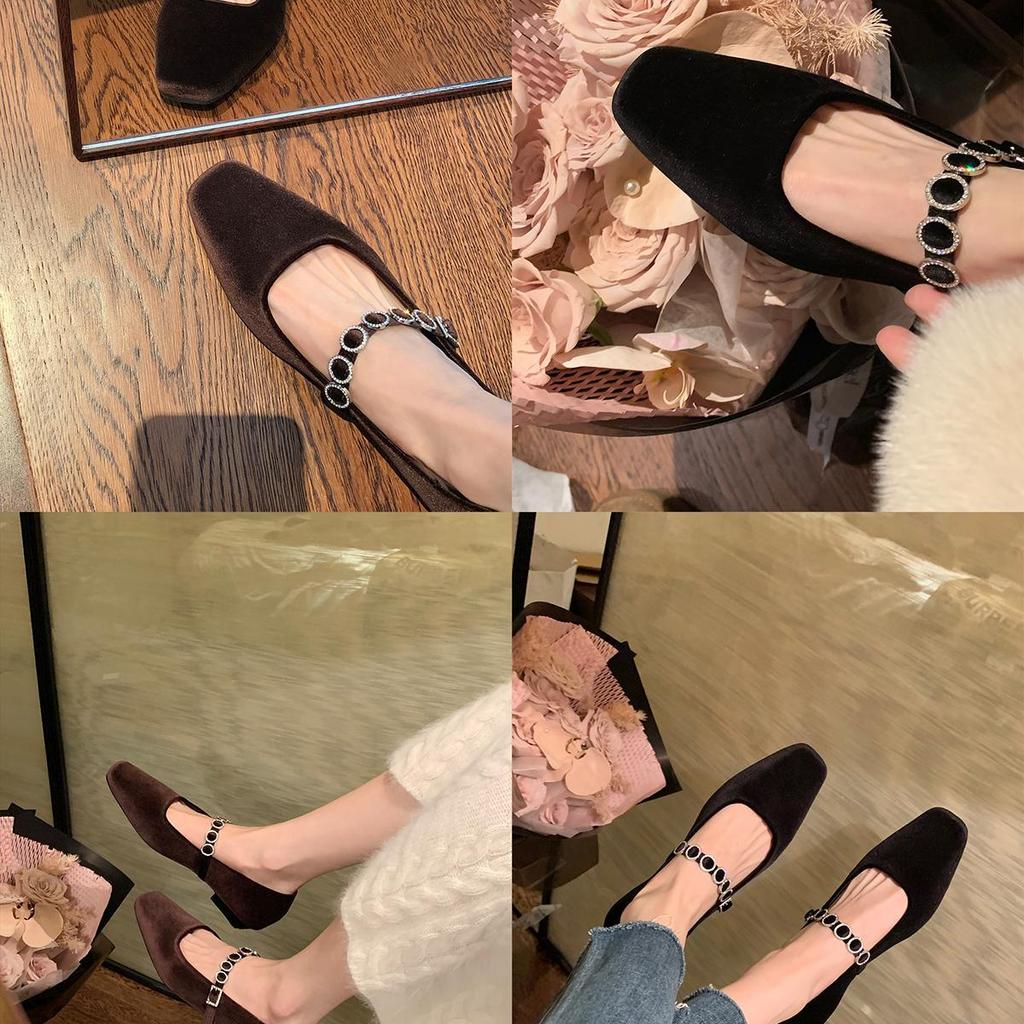 Sheepskin Version~ French Square Head Light Mouth High Heels One-word Diamond Strap Low Heel Mary Jane Shoes Single Shoes Women