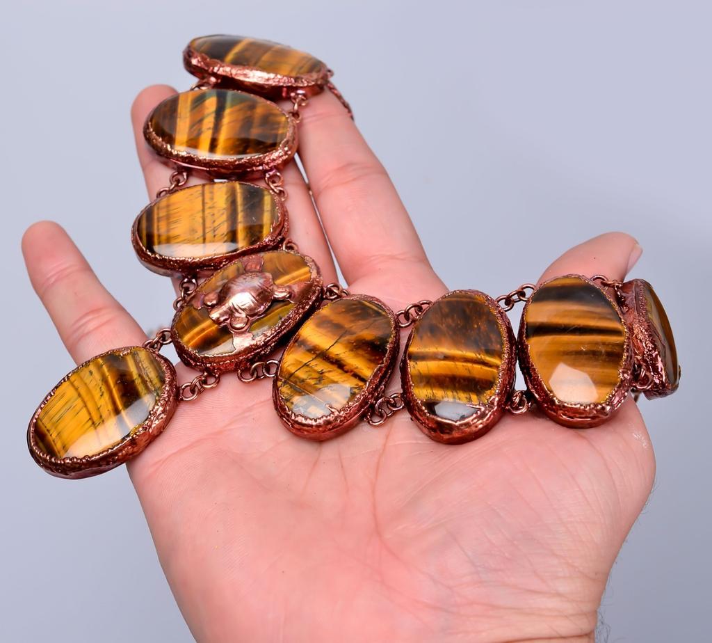 Oval Natural Tiger Eye Copper Chain Electroformed Sisters Gift Necklace Jewelry V-87