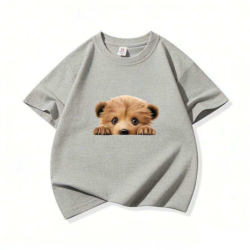 Kids Cotton T Shirt Cute Peeking Bear Cub Print Crew Neck Short Sleeve Tee Casual Breathable Boys Girls Summer Tops