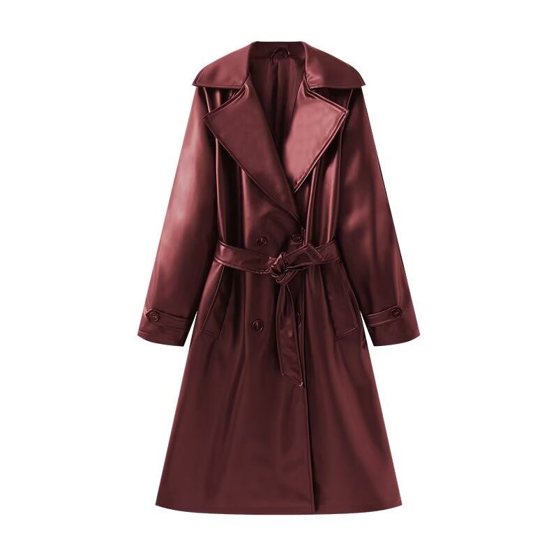 

Kaslead New Arrival Women s Clothing Fashion Style Fashion Polo Collar Series Belt Mid Length Long Length Leather Wind Coat Outwear Red L