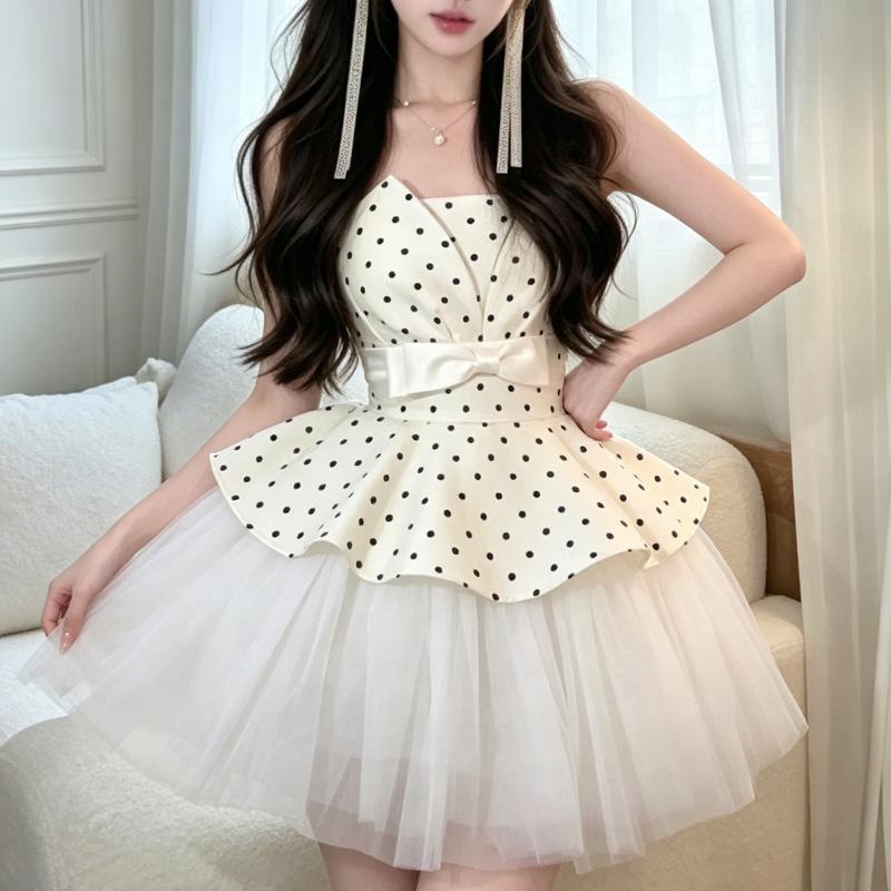 French gentle wind great-looking polka dot splicing waist fluffy mesh skirt design dress summer