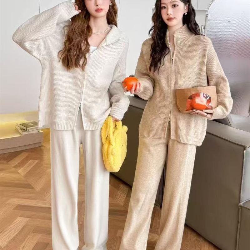 Casual Style Double Zipper Knitted Cardigan Set Women's Autumn and Winter Large Size Loose Sweater Wide-leg Pants Two-piece Set Women