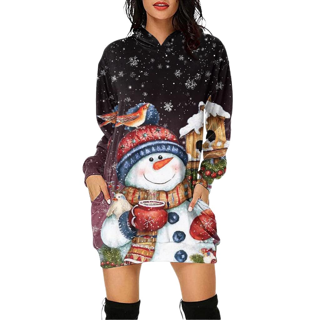 Rochie Pulover cu Glugă și Mâneci Lungi cu Buzunar și Imprimeu de Crăciun pentru Femei