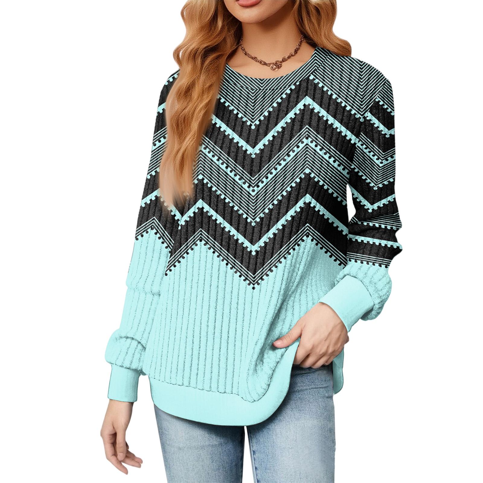 

Fashionable Women s Long Sleeved Gradient Floral Print Lightweight Sweater With Loose Round Neck Top XXL ціан