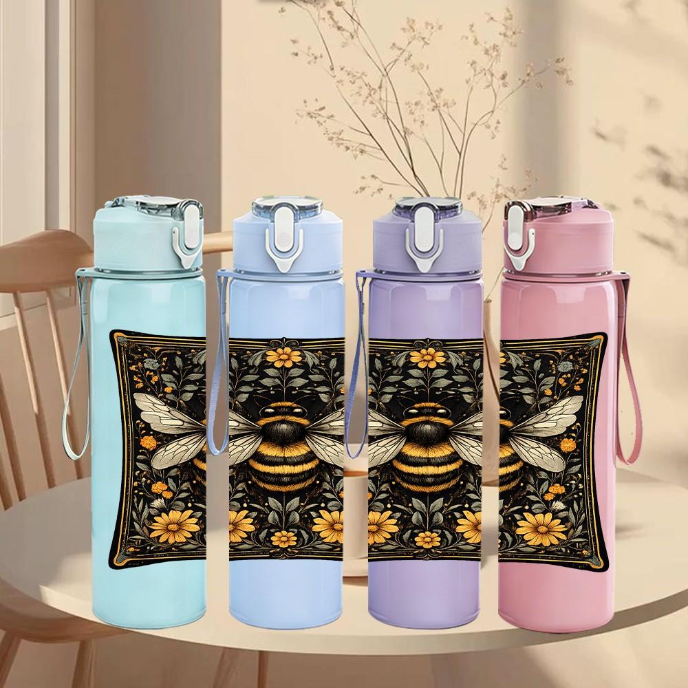 1PC Decorative Bee Pillow Print 750ml Color Plastic Sports Water Bottle Leakproof Flip Straw Lid Suitable for Sports Office Home Use