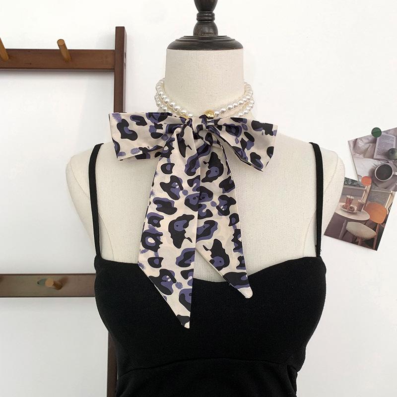 

Spring and summer pearl necklace long small silk scarf women s streamer versatile high-end scarf retro thin scarf collarbone chain