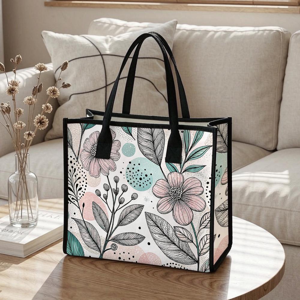 Boho Flower Print Tote Bag Casual Lightweight Portable Shoulder Bag for Daily Shopping Travel